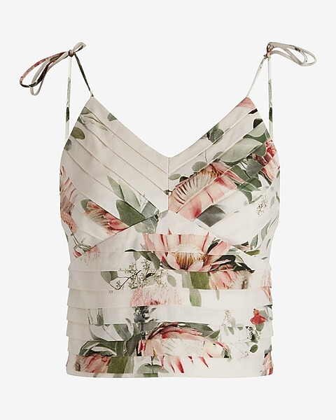Floral Pleated Linen-Blend Tie Strap Cami | Express
