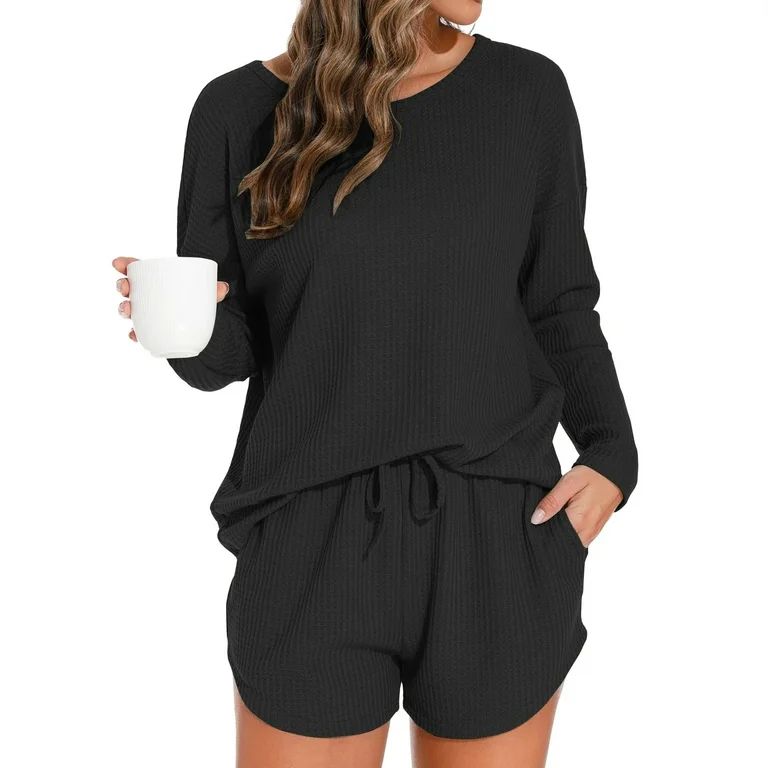 Fantaslook Pajamas Sets for Women Waffle Knit Lounge Sets Long Sleeve Top and Shorts Outfits Loun... | Walmart (US)