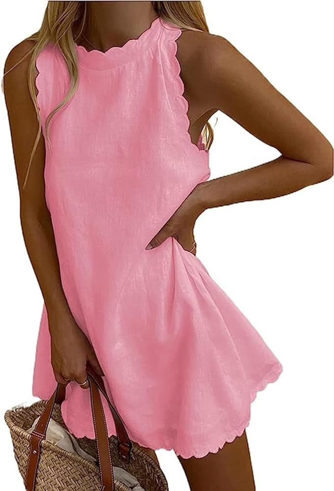 Women Casual Sleeveless Tank Dress Halter Neck Scalloped 2023 Summer Beach Linen Sundress Trendy ... | Amazon (US)