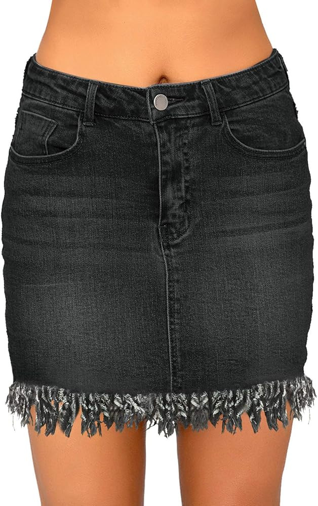 luvamia Women's Casual Mid Waisted Washed Frayed Pockets Denim Jean Short Skirt | Amazon (US)