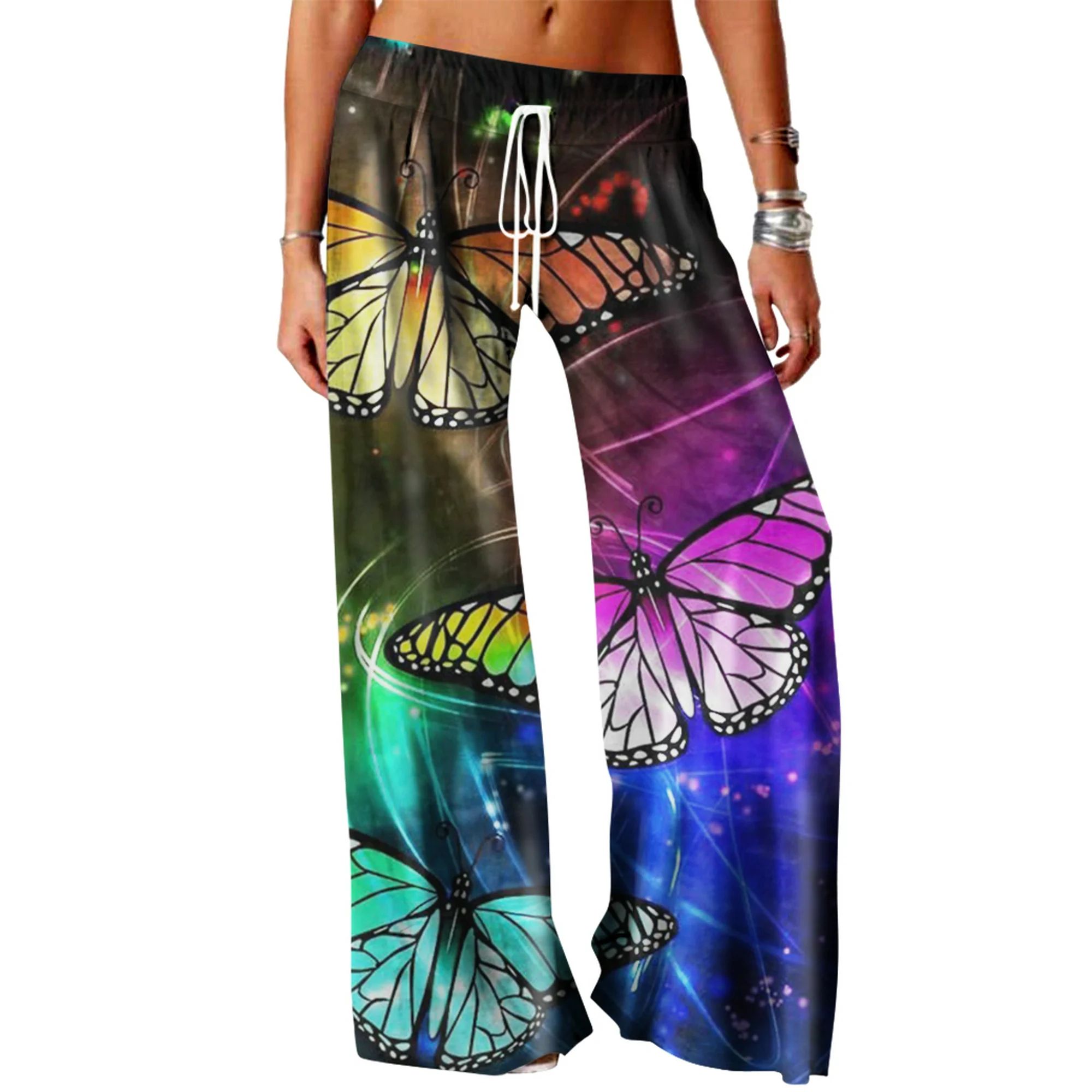 QAFOPEH Women Multicolor Butterfly Print Drawstring Wide-Leg Casual Pants - Walmart.com | Walmart (US)