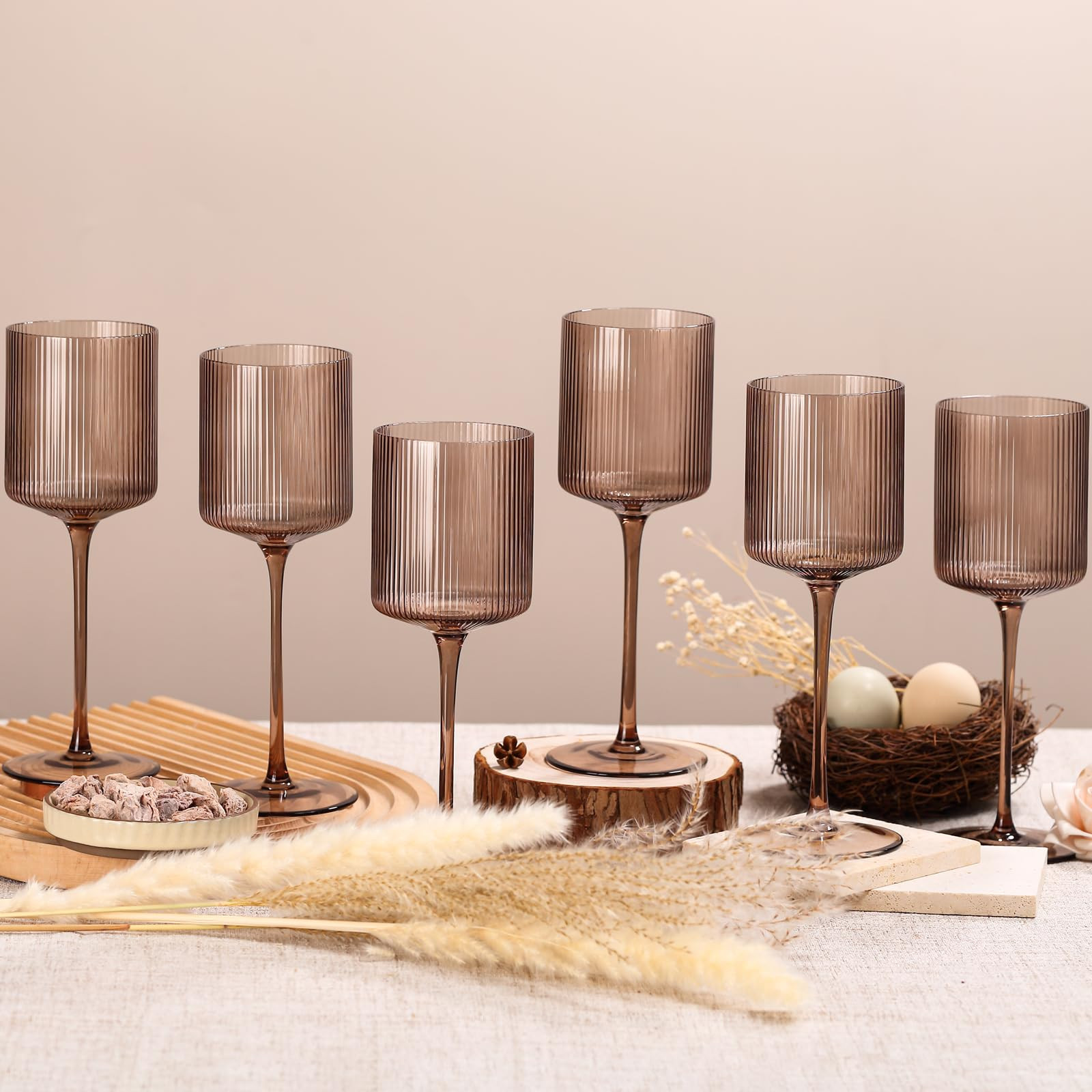 Smokey Gray Square Wine Glasses Set of 6, Elegant Ribbed Design Colored Crystal Glassware with Lo... | Amazon (US)