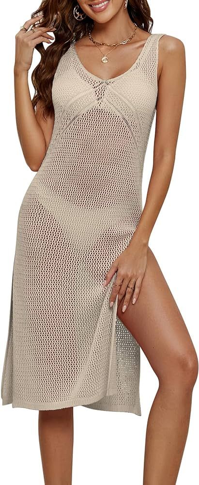 Women's Crochet Cover Ups Hollow Out Sleeveless Swimsuit Coverup V Neck Summer Beach Dress | Amazon (US)