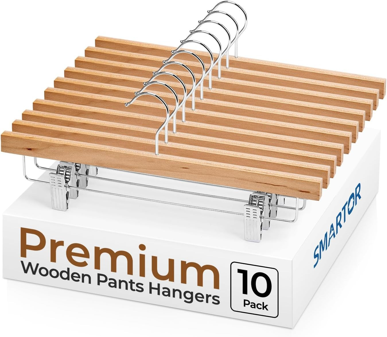 SMARTOR Natural Wooden Pants Hangers 10 Pack, Heavy Duty Wood Skirt Hangers with 2-Adjustable Cli... | Amazon (US)