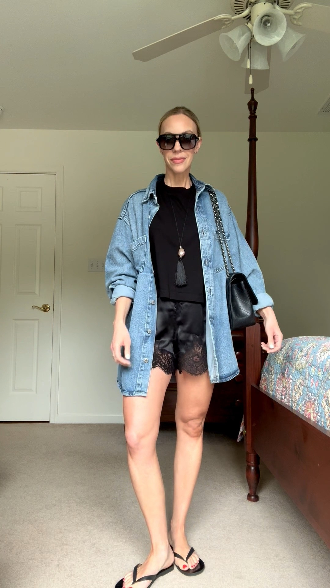 Styling lace shorts with cropped tee, oversized denim shirt and leather thong sandals - pendant necklace is also on sale

#LTKSaleAlert #LTKOver40 #LTKSeasonal