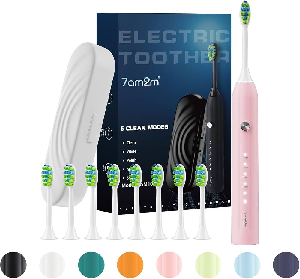 7AM2M Sonic Electric Toothbrush for Adults and Kids, with 8 Brush Heads and Travel Case,5 Modes w... | Amazon (US)