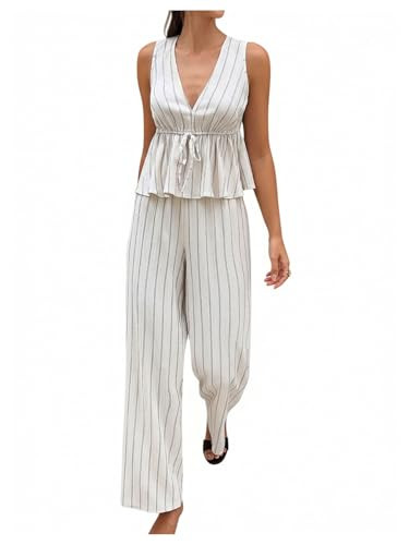 SHENHE Women's Striped 2 Piece Pants Set Deep V Neck Ruffle Peplum Top Wide Leg Pants Outfits | Amazon (US)
