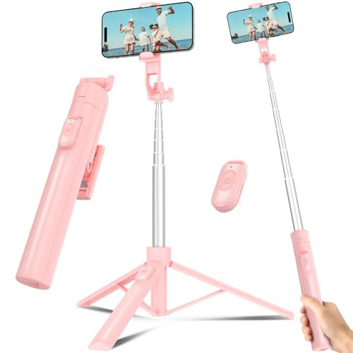 Selfie Stick Travel Tripod for Cell Phone with Remote Control and Phone Holder, Extendable Selfie Stick for iPhone, iPhone Tripod for Video Recording, 63 Inch, Pink | Amazon (US)