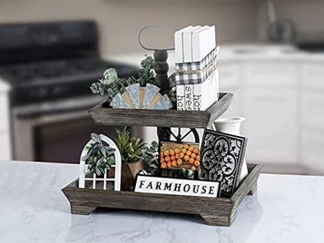 Farmhouse Tiered Tray Decor Items Set of 5 | Tiered Serving Decorative Galvanized Tray | Rustic V... | Amazon (US)