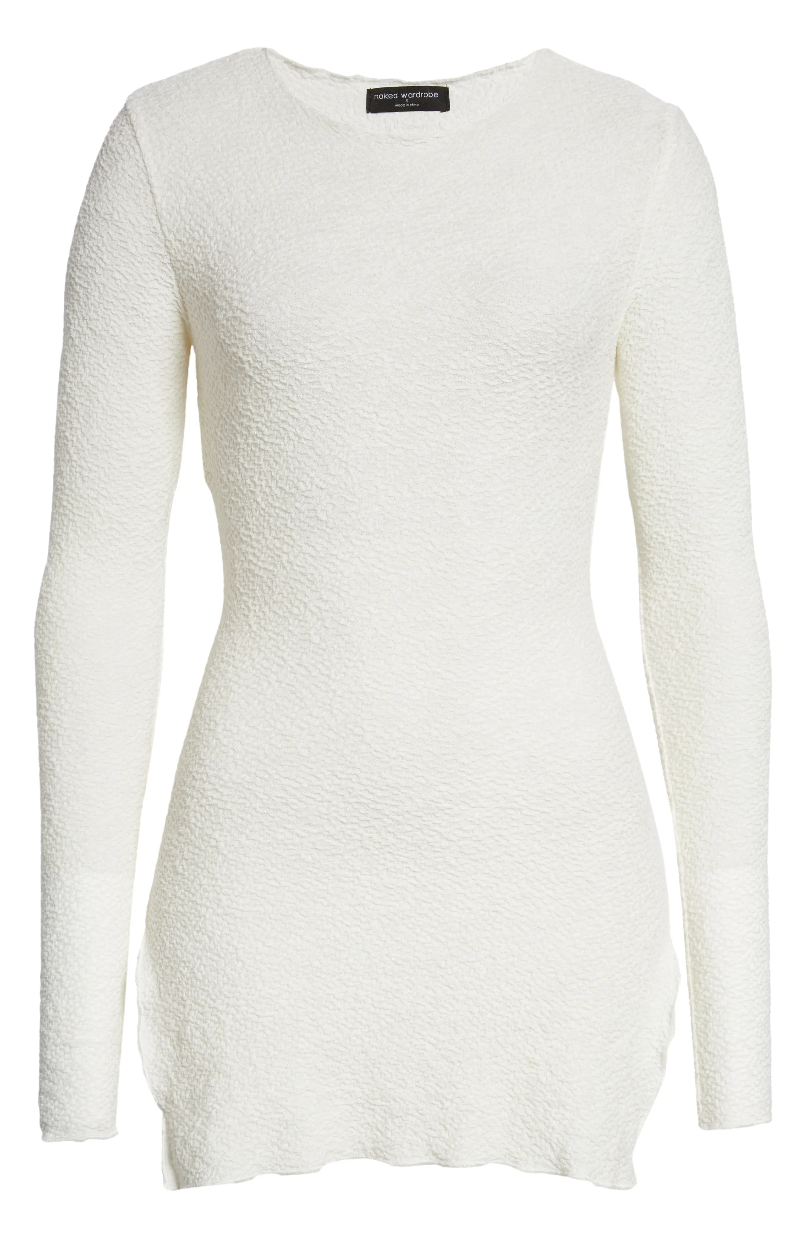 Naked Wardrobe Elastic Lace Side Slit Long Sleeve Tunic Dress in White at Nordstrom, Size Medium | Nordstrom