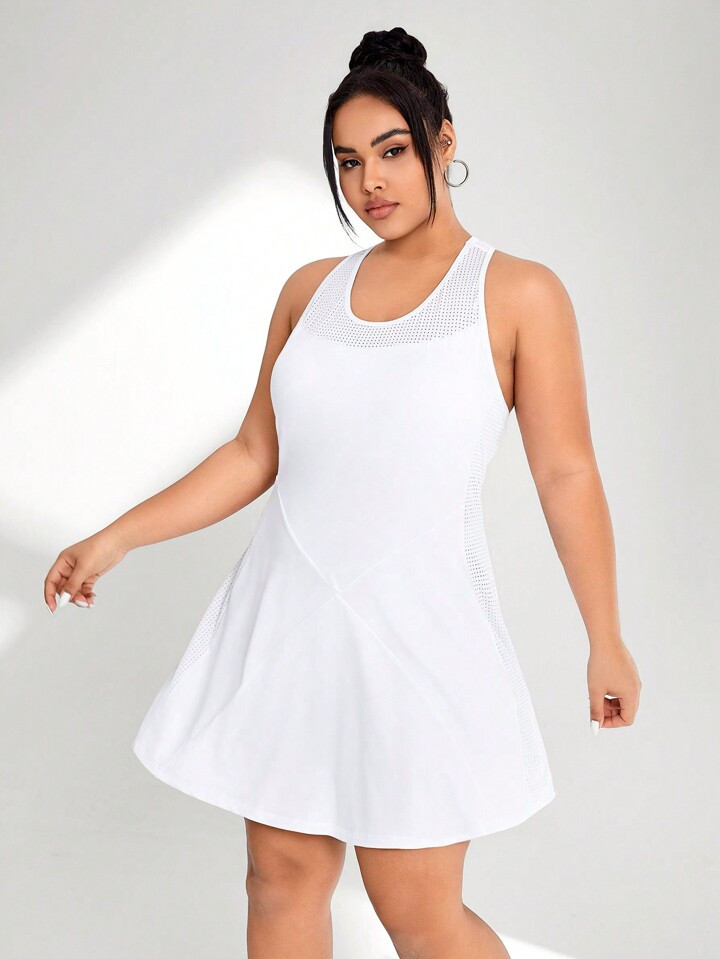 Daily&Casual Plus Size Solid Color Breathable Mesh Patchwork Sports Vest Dress | SHEIN