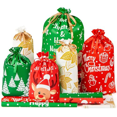 JOYIN 36 PCS Christmas Drawstrings Gift Bags Assorted Sizes, Xmas Foil Reusable Wrapping Gift Plastic Bag (Large Medium Small) for Christmas Holiday Party Decorations | Amazon (US)