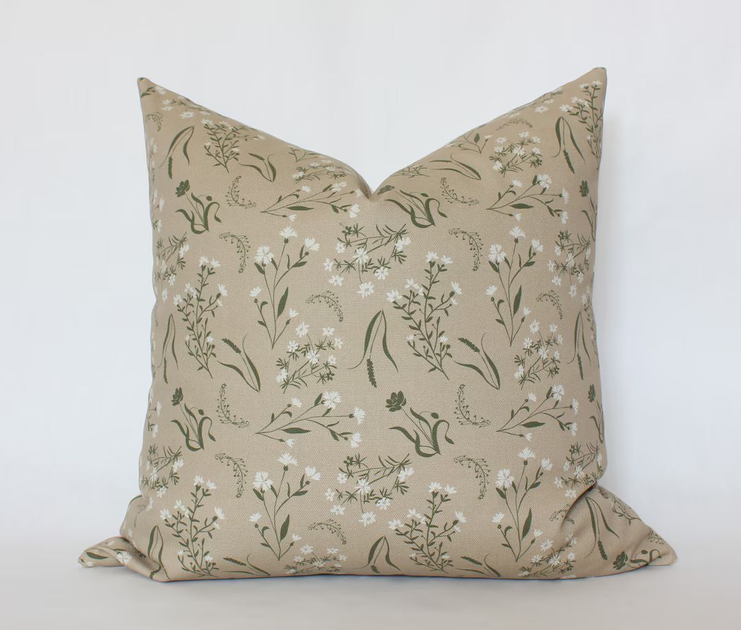 Tan Floral Pillow Cover, Neutral Throw Pillow, Beige Floral Pillow Cover, Tan Green Wild Flowers ... | Etsy (US)