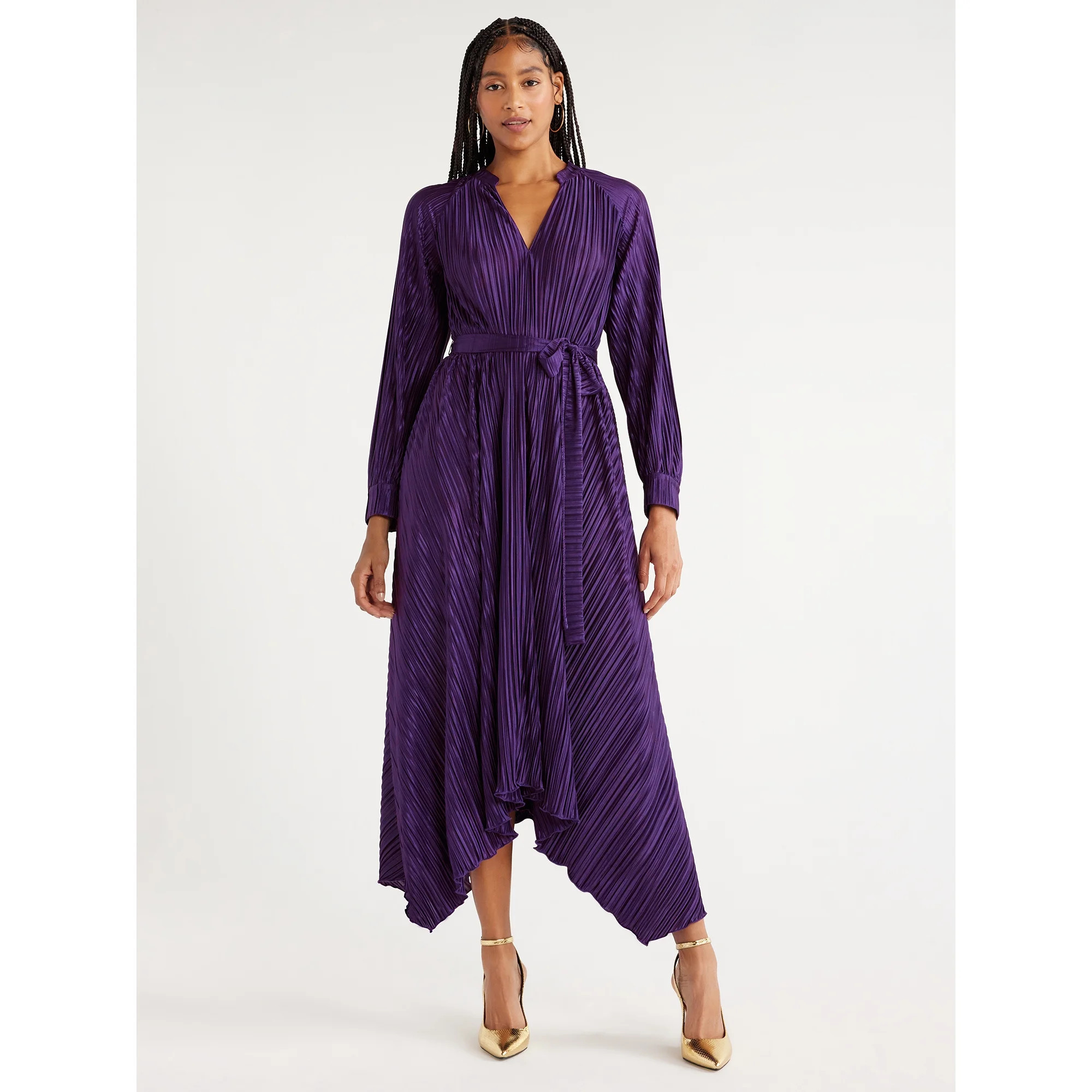 Scoop Women's Long Sleeve Plisse Midi Dress with Handkerchief Hem, Sizes XS-XXL | Walmart (US)