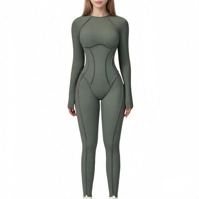Anna-Kaci Active Women's Long Sleeve Fitted One-Piece Activewear Jumpsuit with Contoured Stitching and Open Back Design - Small, Olive Green | Target
