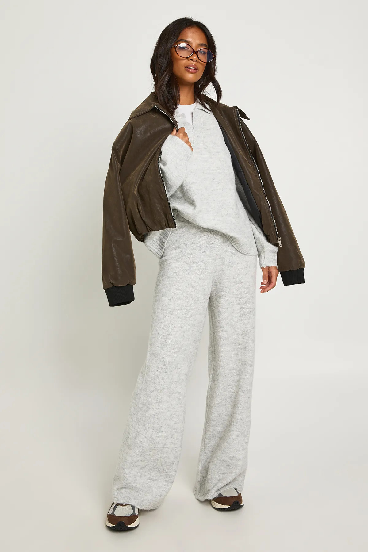 Petite Super Soft V Neck Collared Knitted Jumper and Straight Leg Trouser Co-Ord | Boohoo.com (UK & IE)