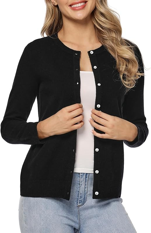 LANPULUX 100 Percent Wool Sweater for Women Cardigan Button Open Front Crewneck Top | Amazon (US)