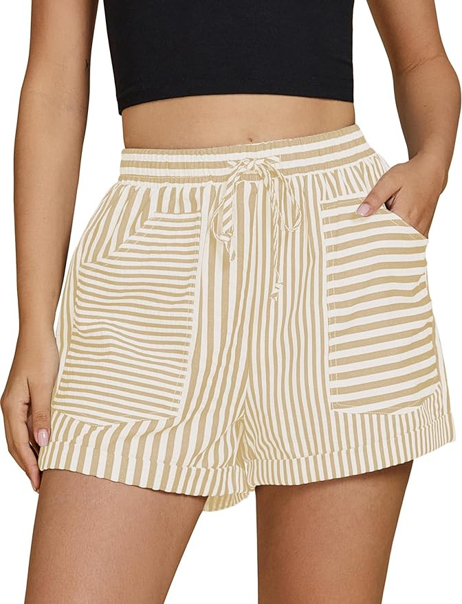 luvamia Striped Shorts for Women High Waisted Trendy Casual Pull On Drawstring Elastic Waist Beac... | Amazon (US)