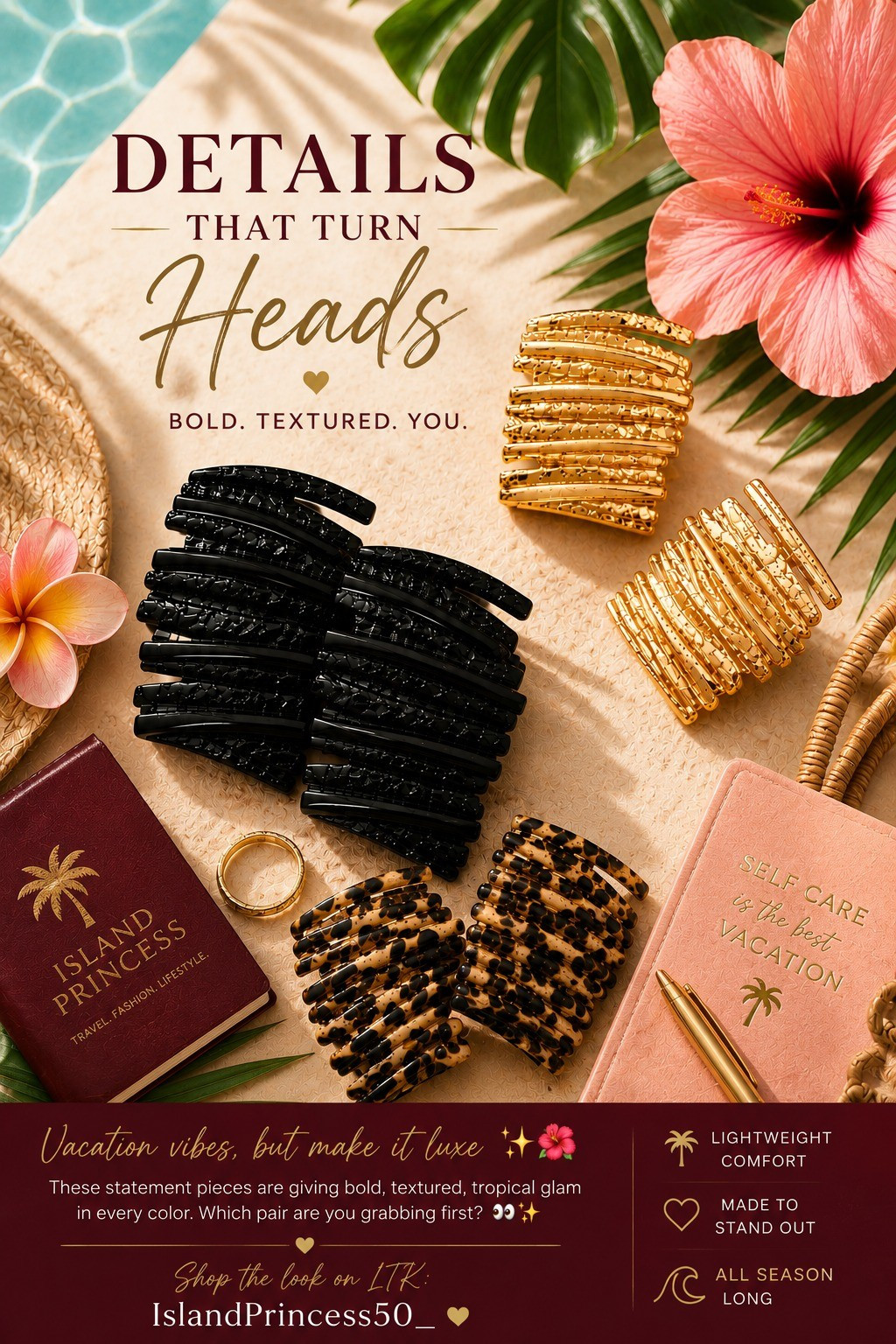 Vacation vibes, but make it luxe ✨🌺These statement pieces are giving bold, textured, tropical glam in every color. Which pair are you grabbing first? 👀✨

#LTKgrwm #LTKootd #LTKTravel