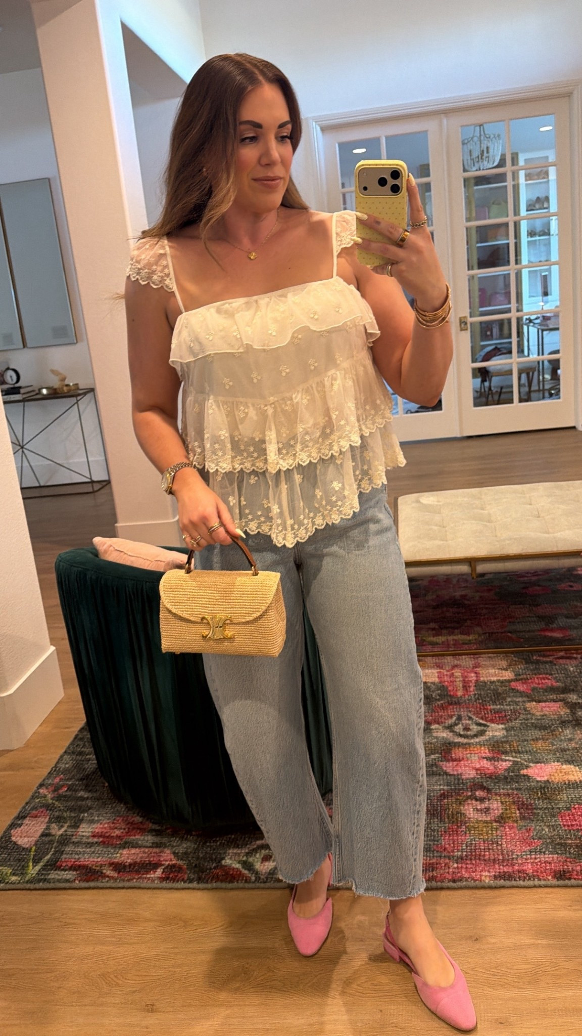 curvy midsize spring outfit! love this feminine lace top! in the size large. wearing size 30 in light wash barrel denim 

#LTKMidsize #LTKSeasonal