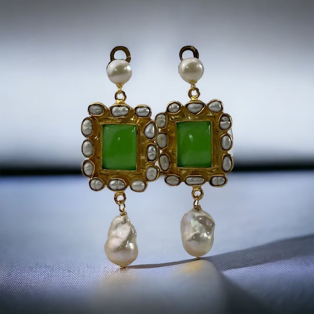 Green Gemstone and Baroque Pearl Earrings Baroque With - Etsy | Etsy (US)