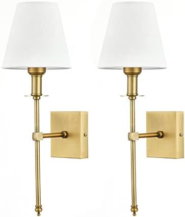 Bsmathom Wall Sconces Sets of 2, Brushed Brass Sconces Wall Lighting with Fabric Shade, Column St... | Amazon (US)
