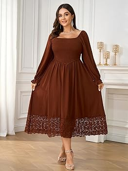 Women's Plus Size Maxi Dress Long Sleeve Square Neck Smocked Flowy A-Line Lace Trim Wedding Guest... | Amazon (US)
