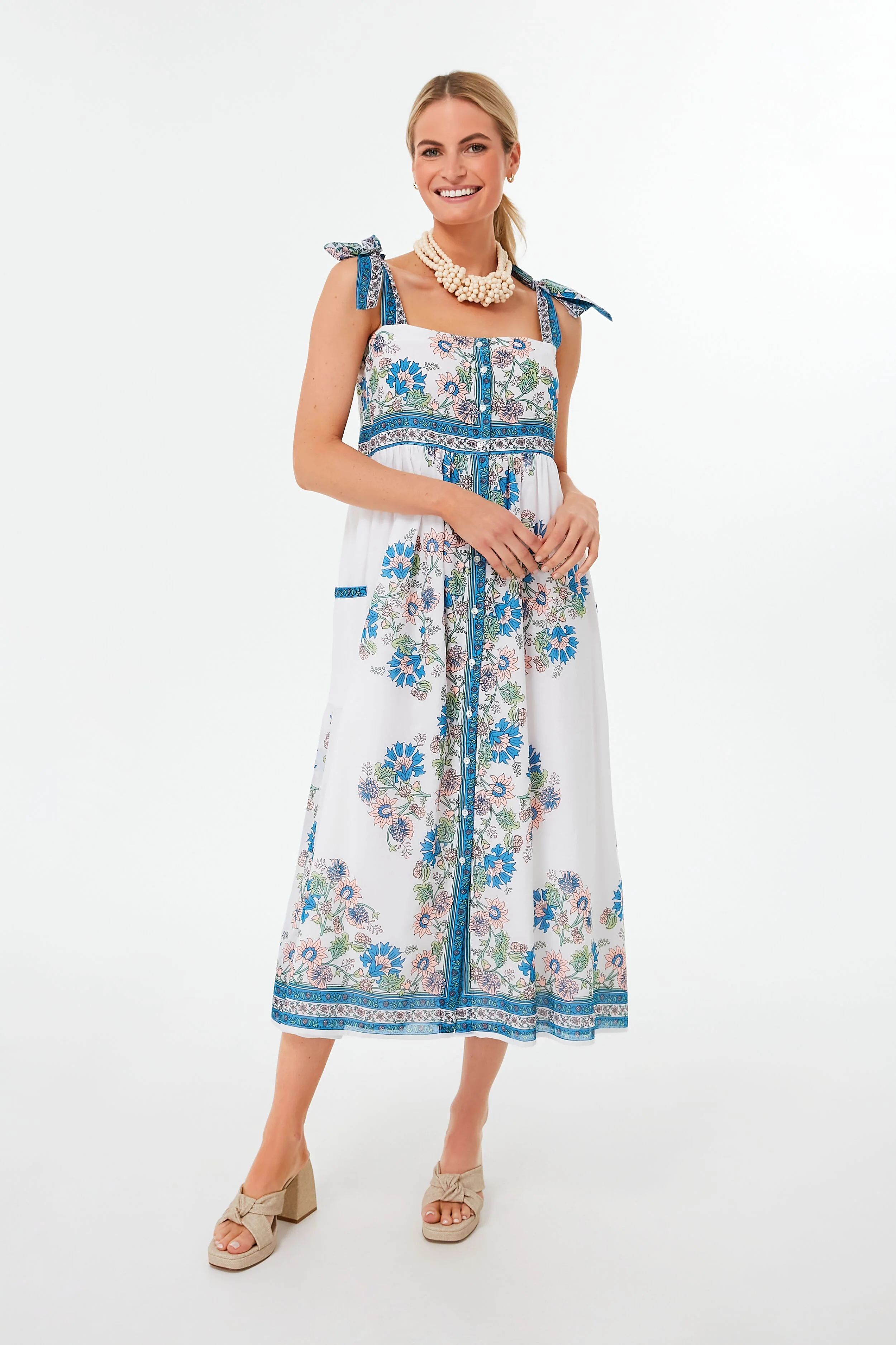 Sapphire and Coral Rose Border Print Tie Shoulder Dress | Tuckernuck (US)