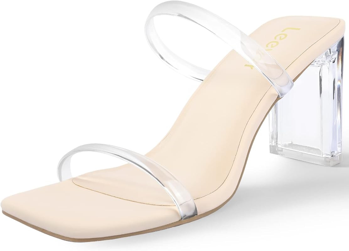 Square Toe Heels Sandals - White Black Nude Heels Chunky Two Strap Low Heels for Women Leather Mu... | Amazon (US)