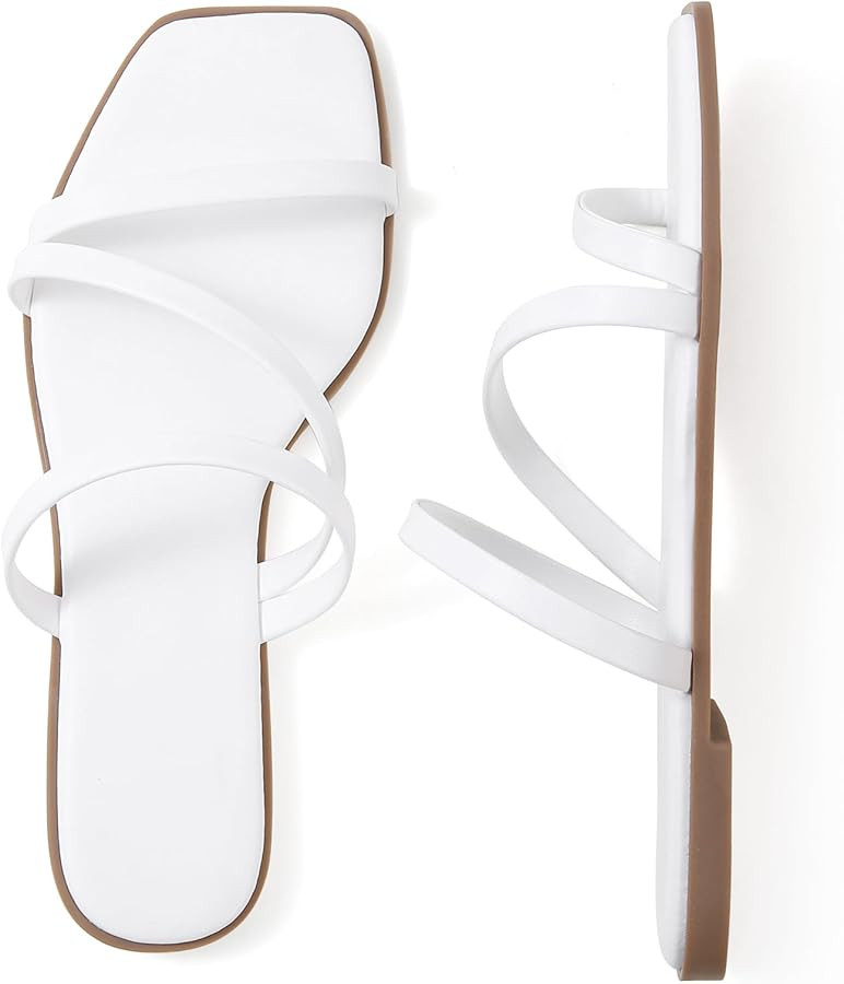 LACUONE Strappy Flat Sandals For Women Slip On Square Open Toe Slides Sandals | Amazon (US)