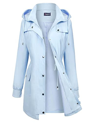 Raincoat for Women Rain Jacket Waterproof Rain Coat Detachable Hood Trench Coats Lined Windbreaker Travel Jacket Light Blue S | Amazon (US)