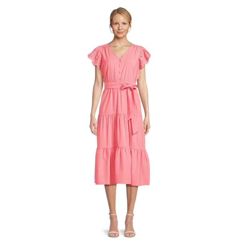 Time and Tru Women's Tiered Midi Dress with Eyelet Sleeves | Walmart (US)