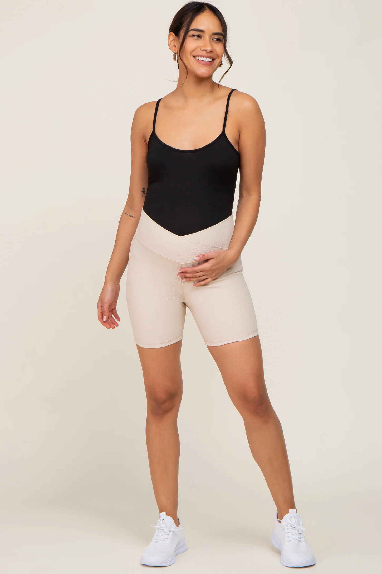 Beige Ribbed Crisscross Maternity Biker Shorts | PinkBlush Maternity