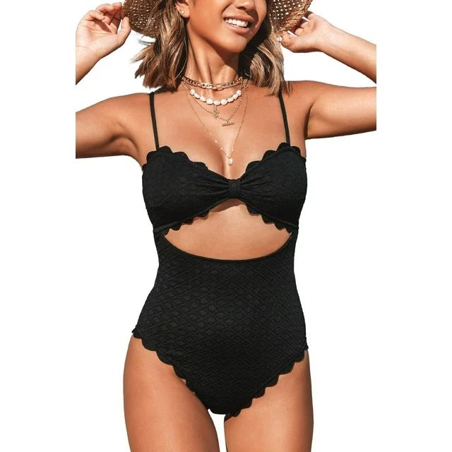 Cupshe Women's One Piece Swimsuit Sexy Black Cutout Scallop Trim Bathing Suit, M - Walmart.com | Walmart (US)