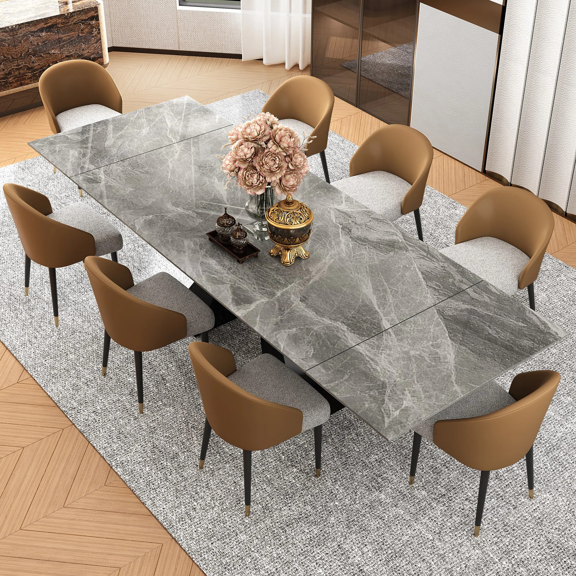 Orren Ellis 9 - Piece Marble Dining Table Set with 110” Rectangular Extendable Sintered Stone T... | Wayfair North America