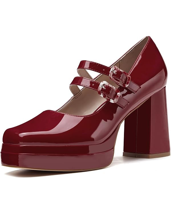 Coutgo Women's Platform Mary Jane Pumps Two Strap Square Toe Chunky Block Heel Sandals Party Shoe... | Amazon (US)