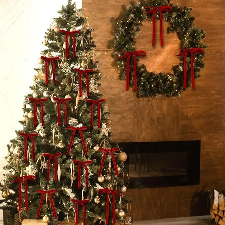 24 Pcs Velvet Bows Christmas Tree Ornaments Vintage Velvet Ribbon Bows for Tree Garland Wreath Indoor Xmas Decorations Wine | Walmart (US)
