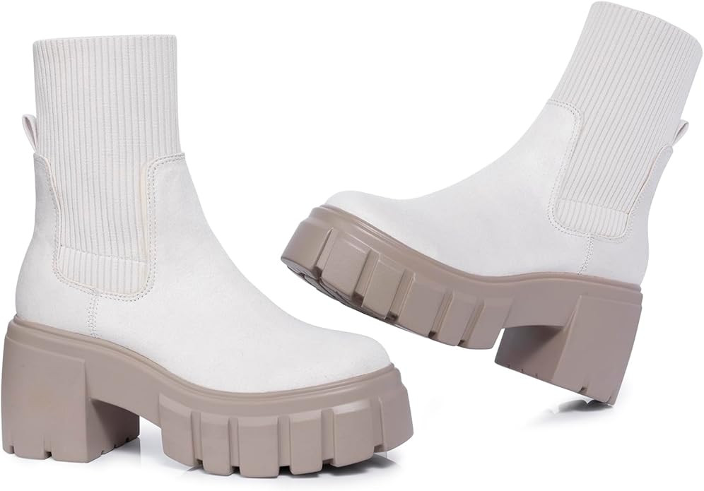 FITORY Women's Ankle Boots Comfy Chelsea Mid Heel Elastic Chunky Heel Lug Sole Booties Size 6-11 | Amazon (US)