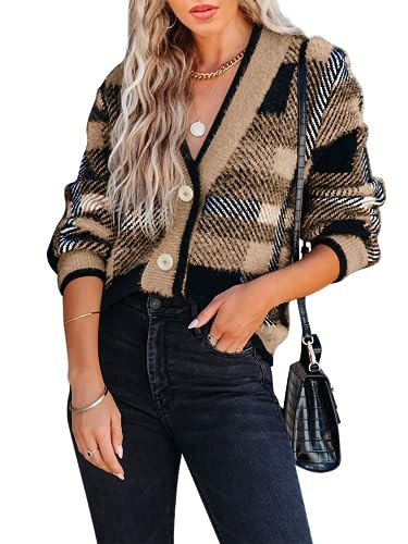 Imily Bela Womens Cardigan Sweaters Plaid Fuzzy Knit V Neck Button Down Long Sleeve Cozy Cardigans Pullover Tops Brown | Amazon (US)