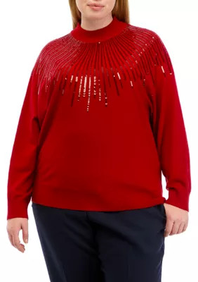 T TAHARI Plus Size Long Sleeve Mock Neck Sequin Yoke Jersey Sweater | Belk