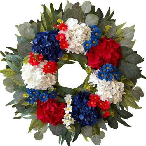 WANNA-CUL 250th Year Patriotic Wreath Decorations, 24 Inch Hydrangea 4th of July Wreaths for Front Door, Red White Blue Spring Door Wreath for Independence Day, Memorial Day for Indoor Outdoor Decor | Amazon (US)