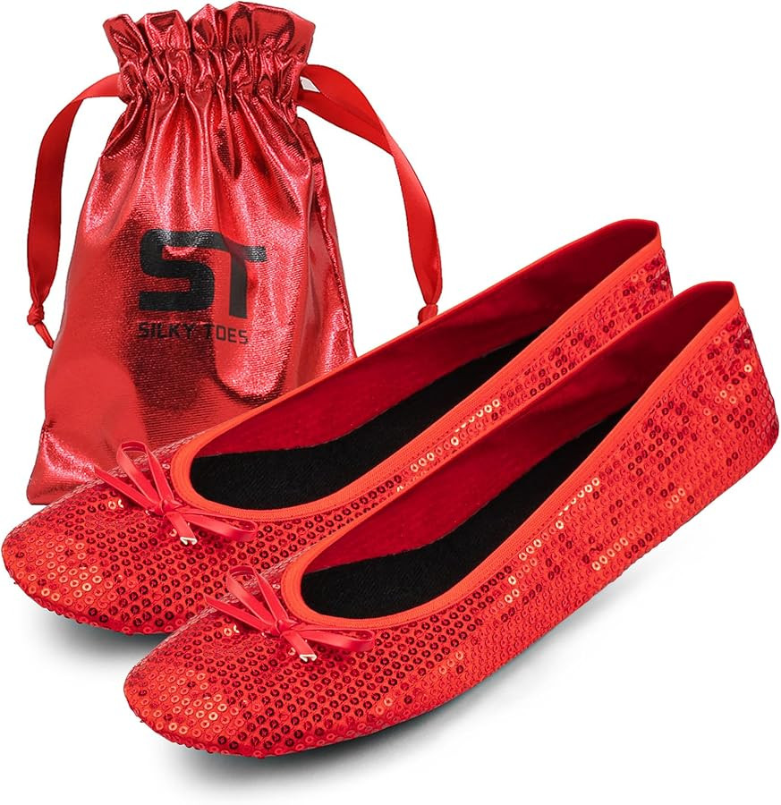 Silky Toes Women's Foldable Sequin Shoes Dressy Ballet Flats Roll Up Slipper Shoe with Matching C... | Amazon (US)