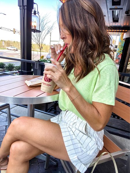 Summer coffee run chic. @vineyardvines
Seersucker shorts with a navy stripe. 
Size 2 shorts
XS linen blend tee 
#EDSFTG #ad

#LTKover40 #LTKSeasonal #LTKstyletip