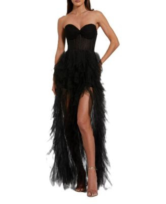 Mac Duggal Strapless Bustier Net Gown With Spiral Ruffles  | Bloomingdale's EDITORIAL Women's New... | Bloomingdale's (US)