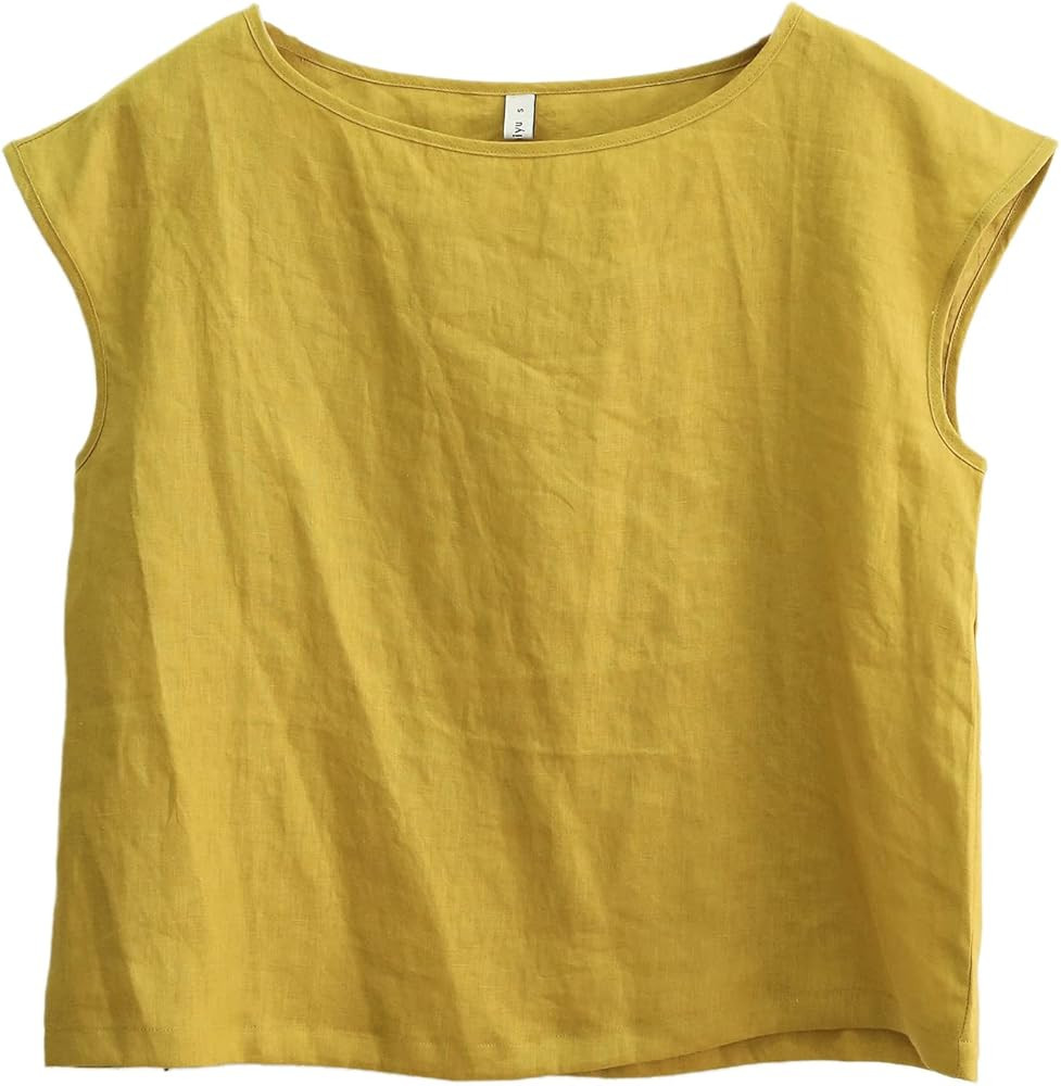 Amazhiyu Womens 100% Linen Casual Cap Sleeve Tops Basic Summer Loose Fit Blouse | Amazon (US)