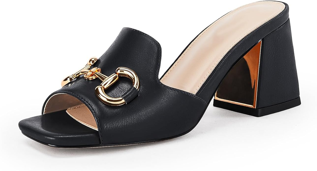 gihubafuil Women's Sandals Peep Toe Slides Chunky Heel Mules Single Band Comfort Slip-on Shoes wi... | Amazon (US)