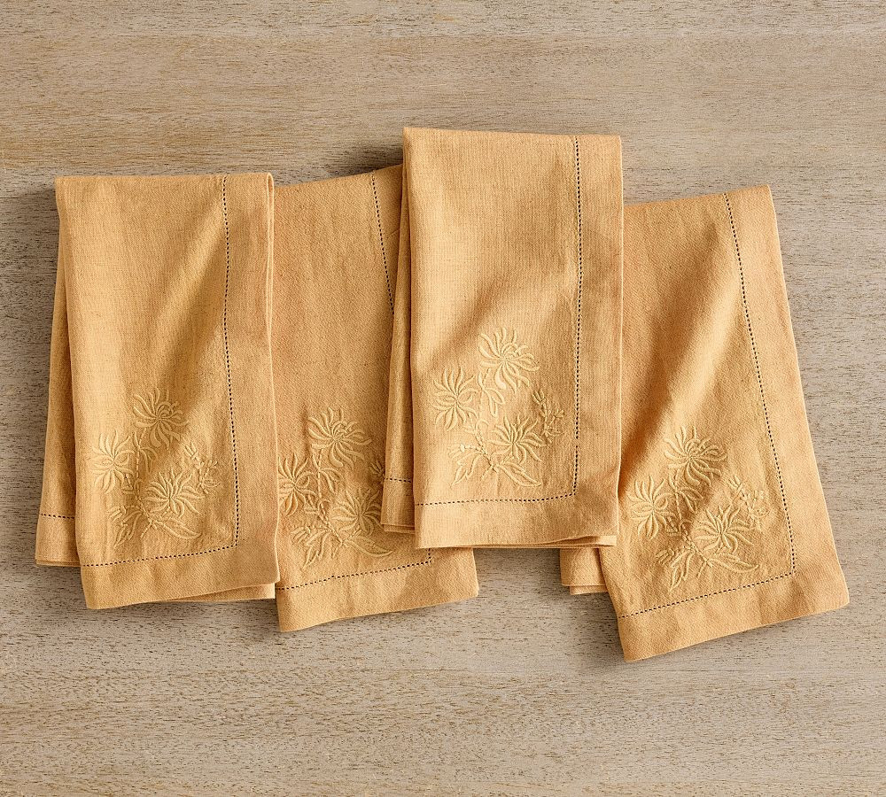 Monochrome Embroidered Floral Cotton/Linen Napkins - Set of 4 | Pottery Barn (US)