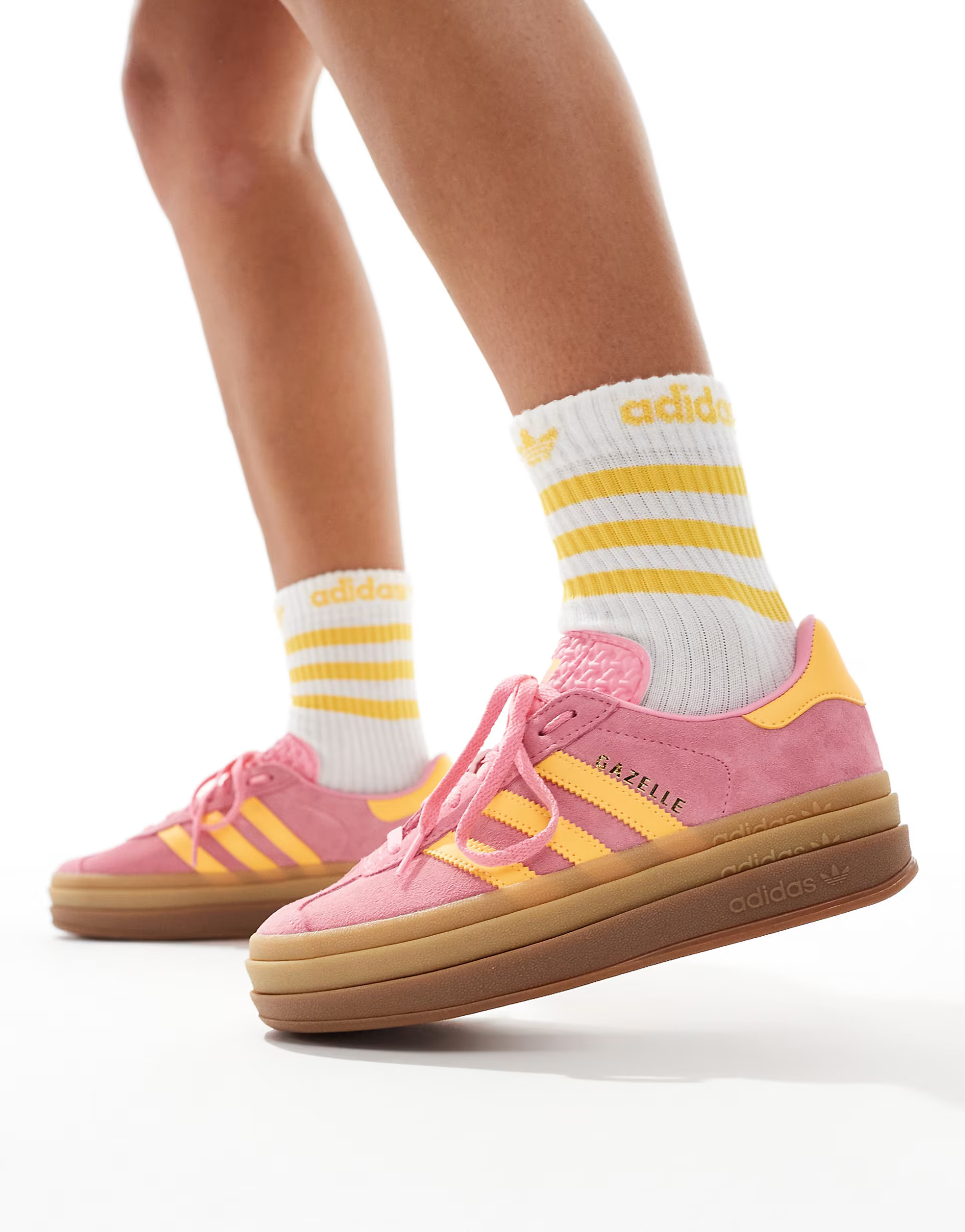 adidas Originals Gazelle Bold trainers in pink and yellow with gum sole | ASOS (Global)