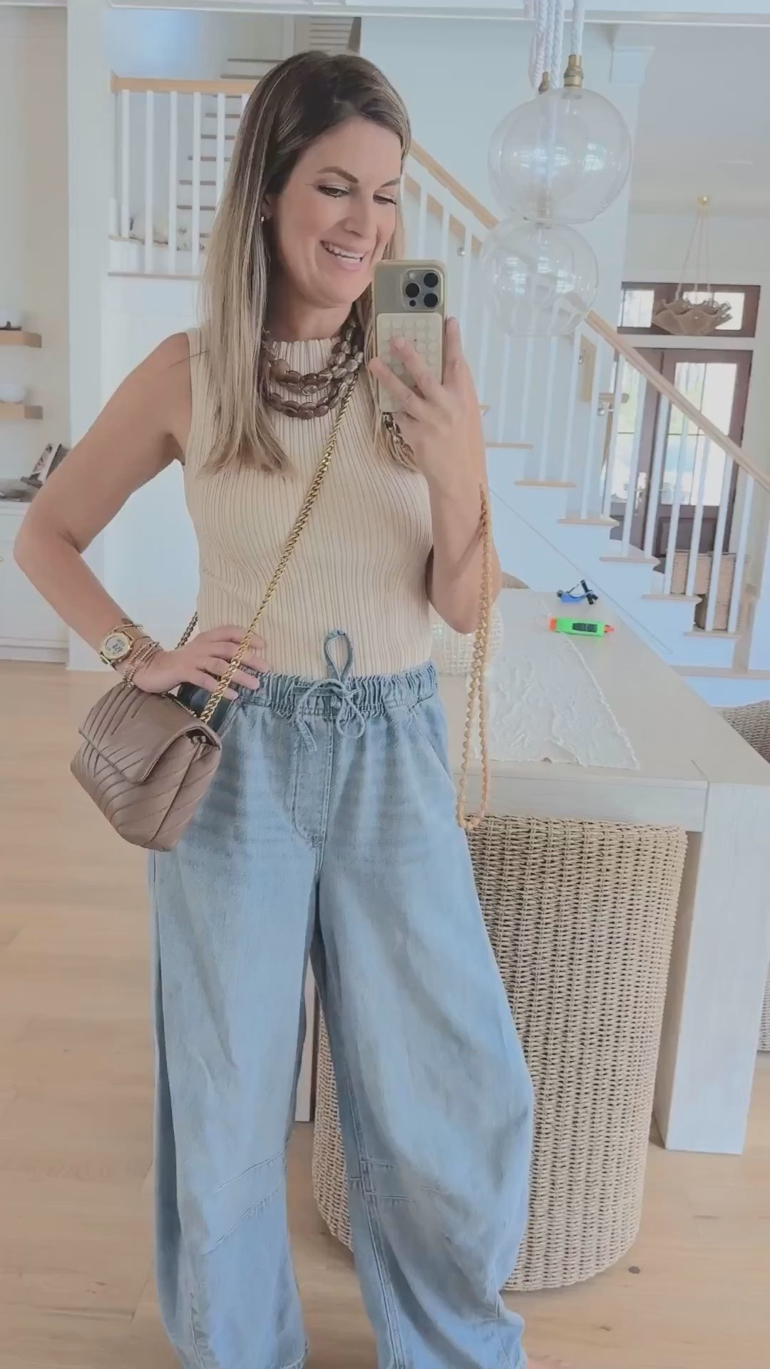 I am 5’11” wearing small tall in these tie waist jeans and small tank  

#LTKOver40 #LTKSaleAlert #LTKTall