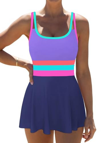 popvil Women One Piece Swimsuit 2026 Tummy Control Bathing Suit Neon Modest Swim Dress with Skirt Full Coverage, Purple Navy,X-Large | Amazon (US)